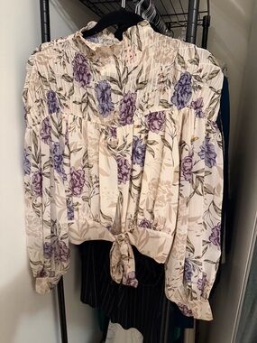 Astr Floral Smocked Tie-Front Blouse - Cream with Purple Floral